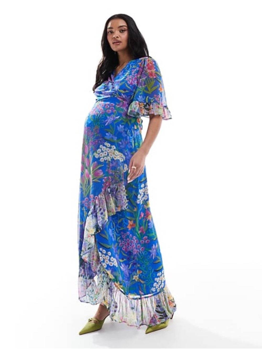 Hope & Ivy Maternity frill sleeve maxi wrap dress with tie waist size 8